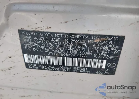 2010 Lexus Es 350 z USA, uszkodzony, nr VIN JTHBK1EG8A2414128